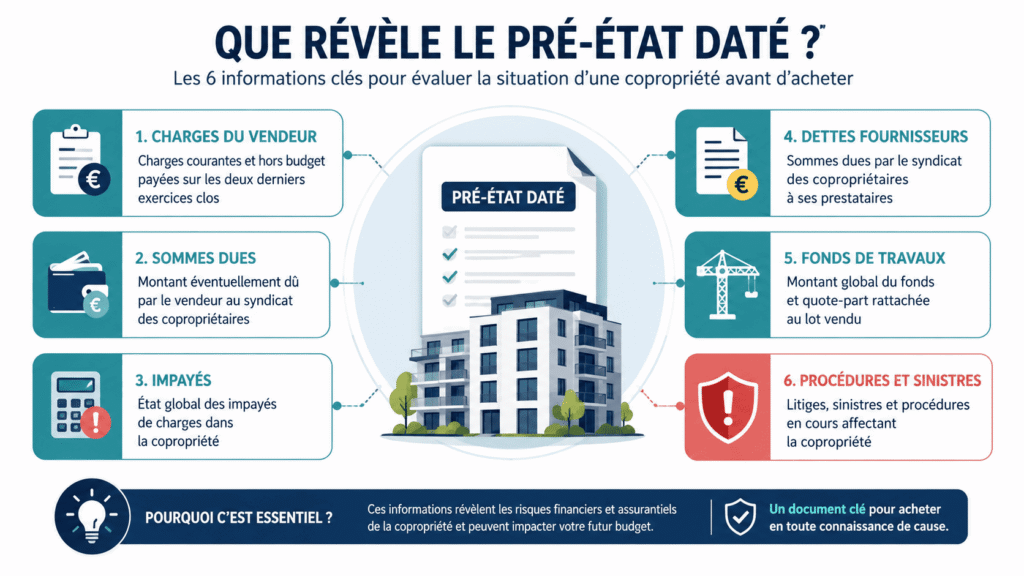 Charges, impayés, dettes, fonds de travaux et procédures : les informations essentielles révélées par le pré-état daté.